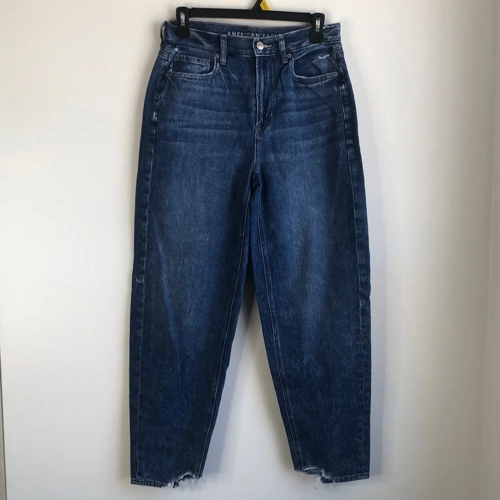 American Eagle Outfitters Dark Blue Distressed Barrel Boyfriend Jeans